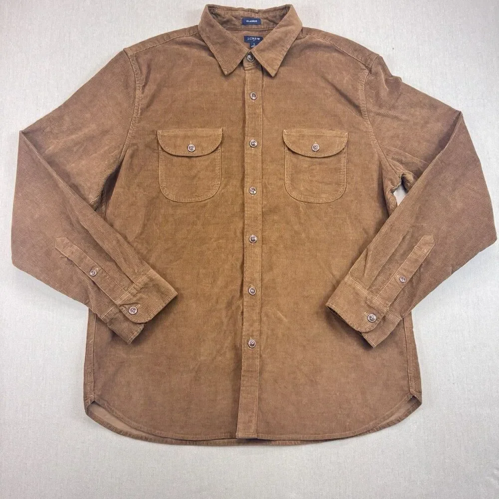 J Crew Men Size Large Shirt Button Down Top Classic Brown Corduroy Long Sleeve